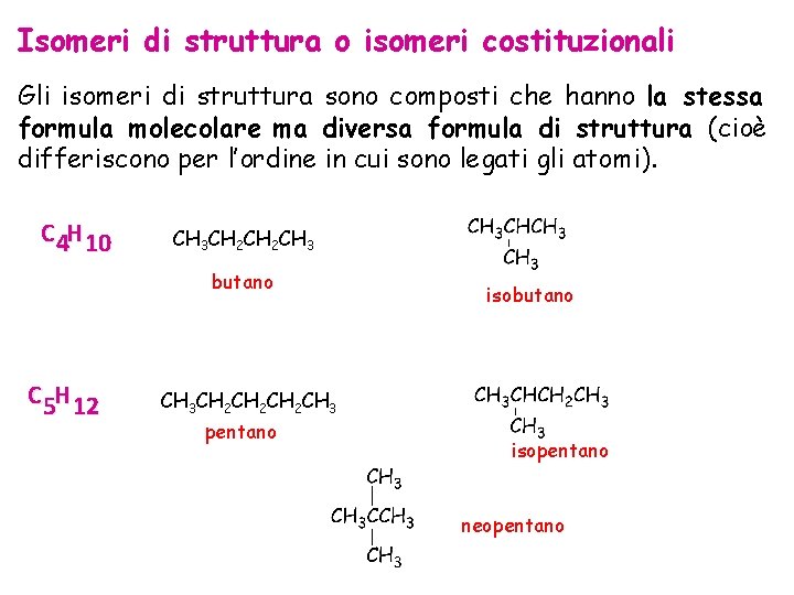Isomeri di struttura o isomeri costituzionali Gli isomeri di struttura sono composti che hanno