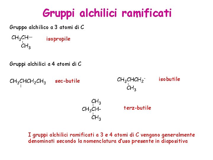 Gruppi alchilici ramificati Gruppo alchilico a 3 atomi di C isopropile Gruppi alchilici a