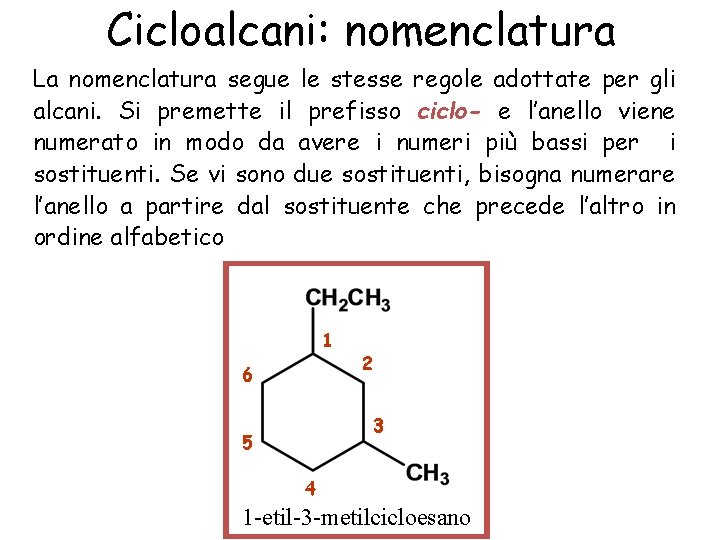 Cicloalcani: nomenclatura La nomenclatura segue le stesse regole adottate per gli alcani. Si premette