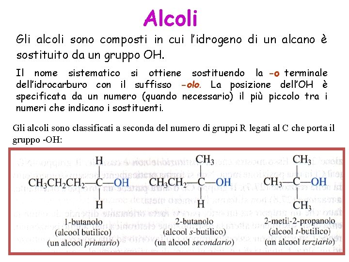 Alcoli Gli alcoli sono composti in cui l’idrogeno di un alcano è sostituito da