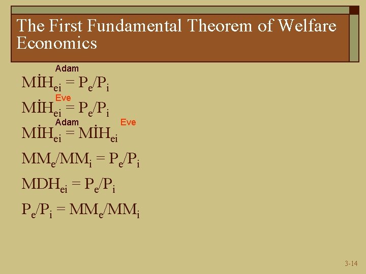 The First Fundamental Theorem of Welfare Economics Adam MİHei = Pe/Pi Eve MİHei =