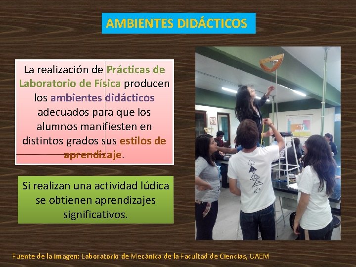 AMBIENTES DIDÁCTICOS La realización de Prácticas de Laboratorio de Física producen los ambientes didácticos AMBIENTES DIDÁCTICOS La realización de Prácticas de Laboratorio de Física producen los ambientes didácticos
