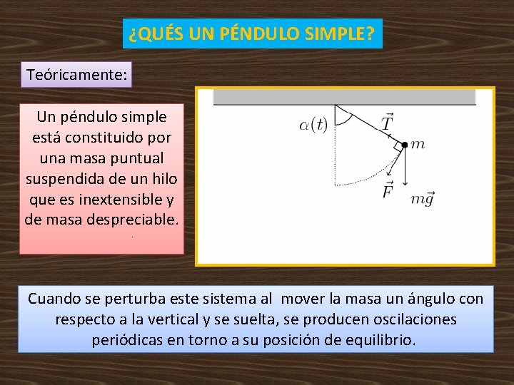 ¿QUÉS UN PÉNDULO SIMPLE? Teóricamente: Un péndulo simple está constituido por una masa puntual ¿QUÉS UN PÉNDULO SIMPLE? Teóricamente: Un péndulo simple está constituido por una masa puntual