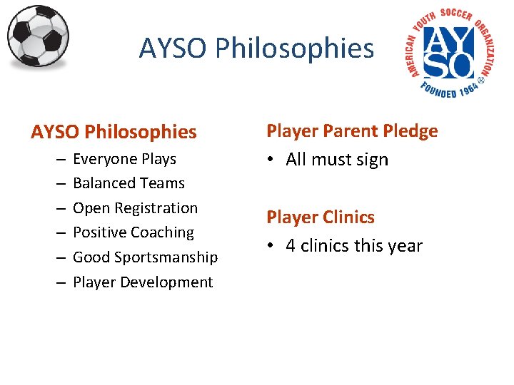 AYSO Philosophies – – – Everyone Plays Balanced Teams Open Registration Positive Coaching Good