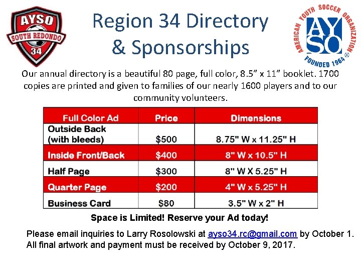 Region 34 Directory & Sponsorships Our annual directory is a beautiful 80 page, full