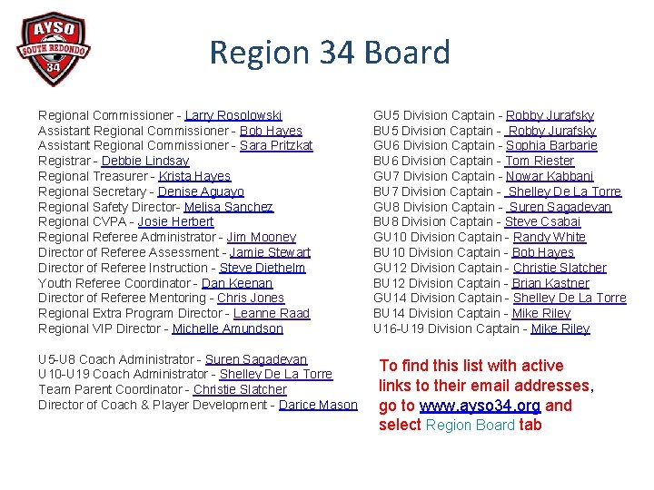 Region 34 Board Regional Commissioner - Larry Rosolowski Assistant Regional Commissioner - Bob Hayes