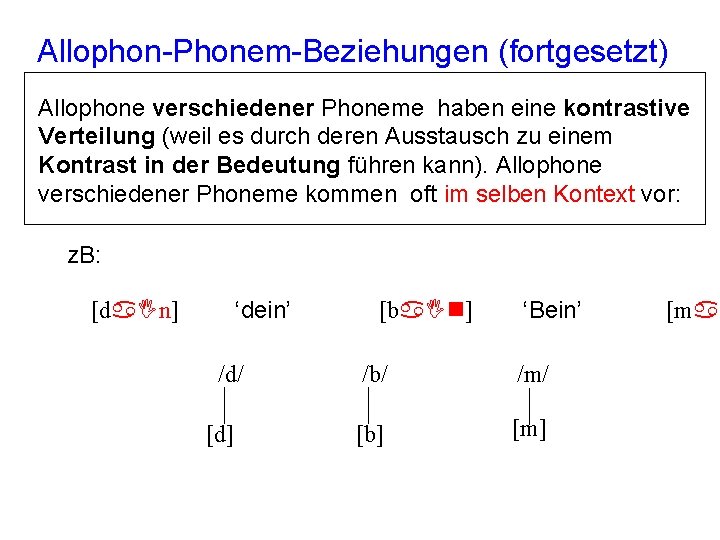 Allophon-Phonem-Beziehungen (fortgesetzt) Allophone verschiedener Phoneme haben eine kontrastive Verteilung (weil es durch deren Ausstausch