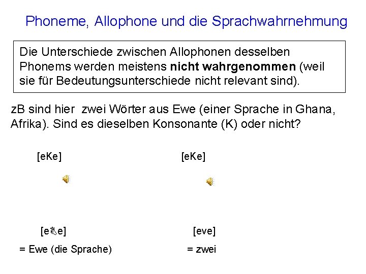 Phoneme, Allophone und die Sprachwahrnehmung Die Unterschiede zwischen Allophonen desselben Phonems werden meistens nicht