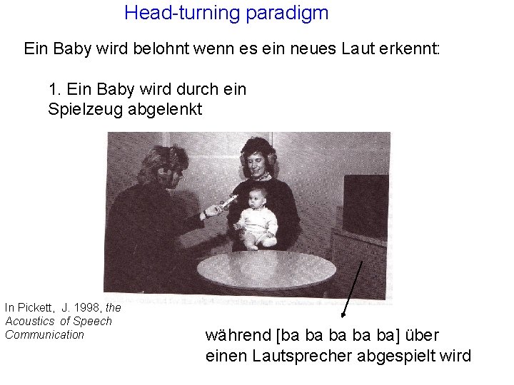 Head-turning paradigm Ein Baby wird belohnt wenn es ein neues Laut erkennt: 1. Ein