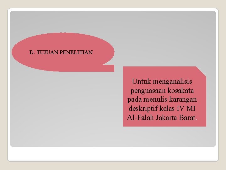 D. TUJUAN PENELITIAN Untuk menganalisis penguasaan kosakata pada menulis karangan deskriptif kelas IV MI