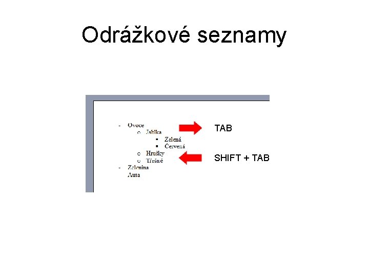 Odrážkové seznamy TAB SHIFT + TAB 