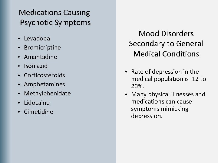 Medications Causing Psychotic Symptoms w w w w w Levadopa Bromicriptine Amantadine Isoniazid Corticosteroids