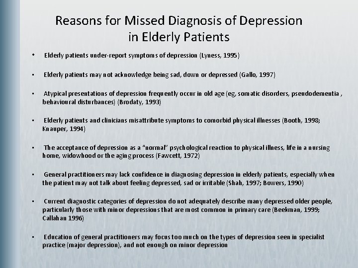 Reasons for Missed Diagnosis of Depression in Elderly Patients • Elderly patients under-report symptoms