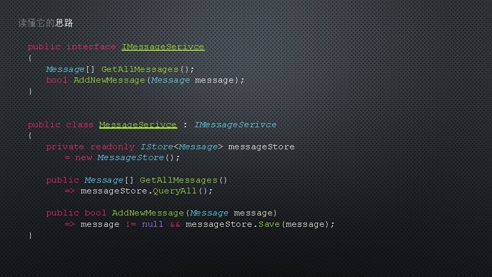 读懂它的思路 public interface IMessage. Serivce { Message[] Get. All. Messages(); bool Add. New. Message(Message