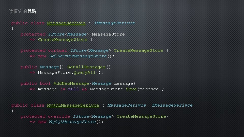 读懂它的思路 public class Message. Serivce : IMessage. Serivce { protected IStore<Message> Message. Store =>