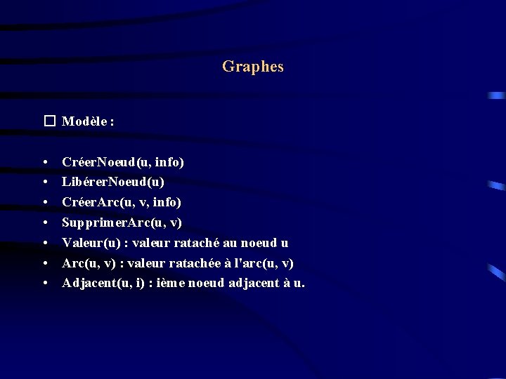Graphes � Modèle : • • Créer. Noeud(u, info) Libérer. Noeud(u) Créer. Arc(u, v, Graphes � Modèle : • • Créer. Noeud(u, info) Libérer. Noeud(u) Créer. Arc(u, v,