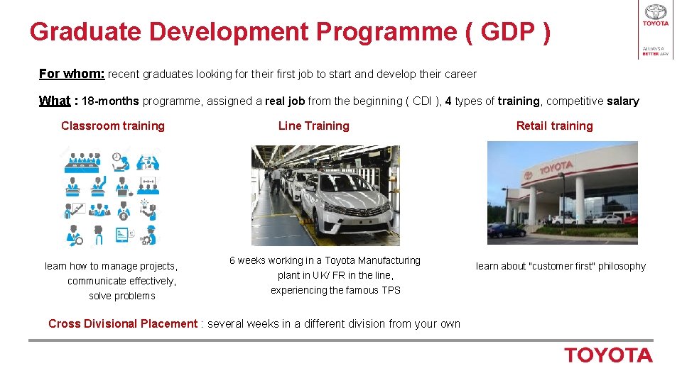 Graduate Development Programme ( GDP ) For whom: recent graduates looking for their first