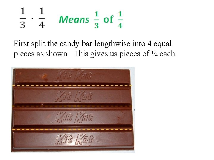 First split the candy bar lengthwise into 4 equal pieces as shown. This gives