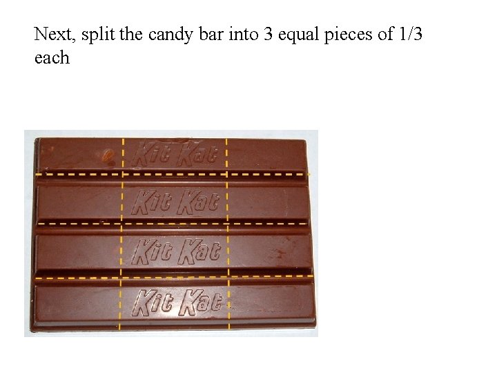 Next, split the candy bar into 3 equal pieces of 1/3 each 
