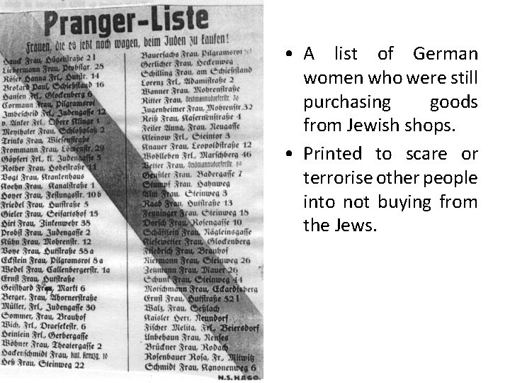  • A list of German women who were still purchasing goods from Jewish
