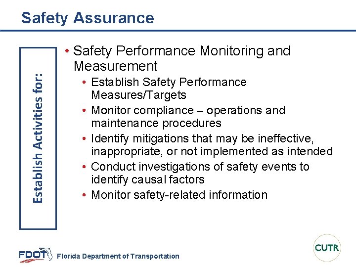 Establish Activities for: Safety Assurance • Safety Performance Monitoring and Measurement • Establish Safety
