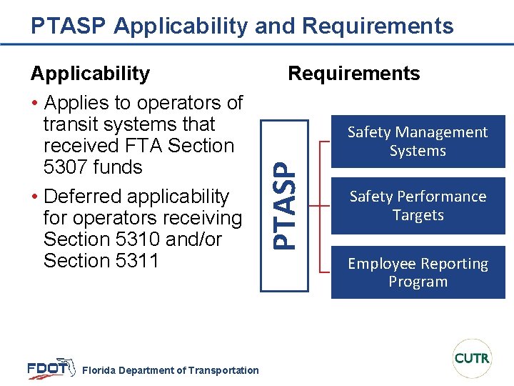 PTASP Applicability and Requirements Florida Department of Transportation Requirements Safety Management Systems PTASP Applicability