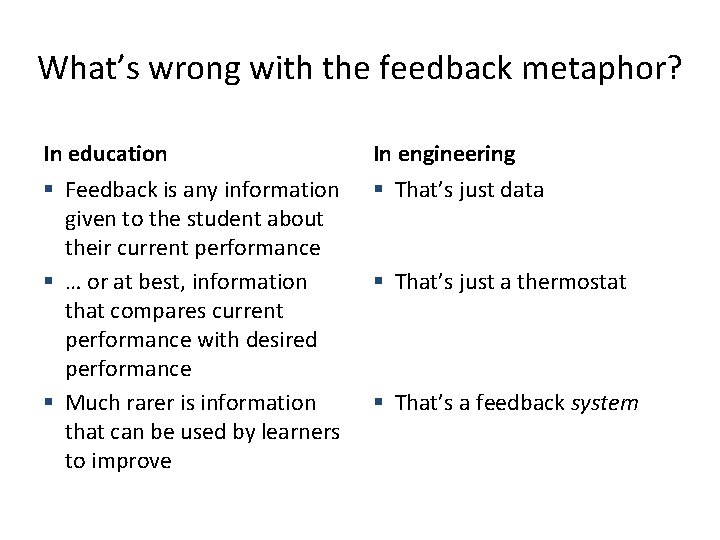 What’s wrong with the feedback metaphor? In education In engineering § Feedback is any What’s wrong with the feedback metaphor? In education In engineering § Feedback is any