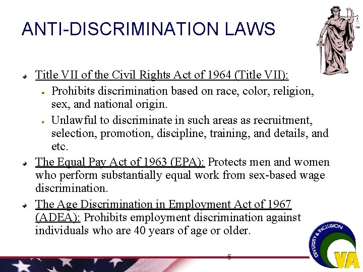 ANTI-DISCRIMINATION LAWS Title VII of the Civil Rights Act of 1964 (Title VII): Prohibits ANTI-DISCRIMINATION LAWS Title VII of the Civil Rights Act of 1964 (Title VII): Prohibits