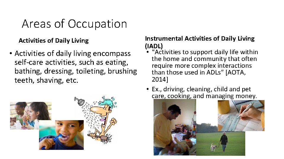Areas of Occupation Activities of Daily Living • Activities of daily living encompass self-care Areas of Occupation Activities of Daily Living • Activities of daily living encompass self-care