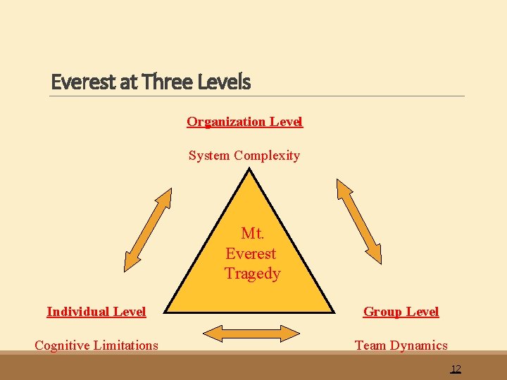 Everest at Three Levels Organization Level System Complexity Mt. Everest Tragedy Individual Level Group