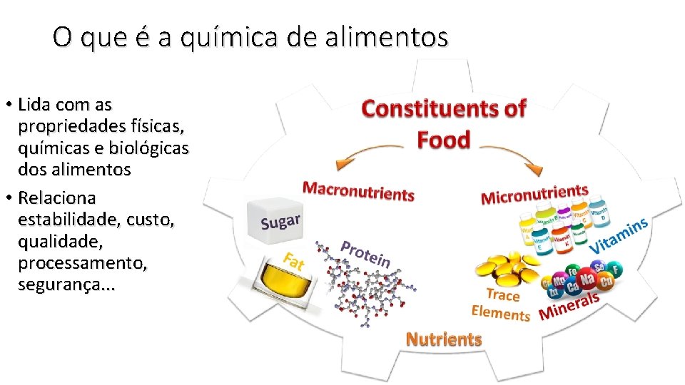 O que é a química de alimentos • Lida com as propriedades físicas, químicas