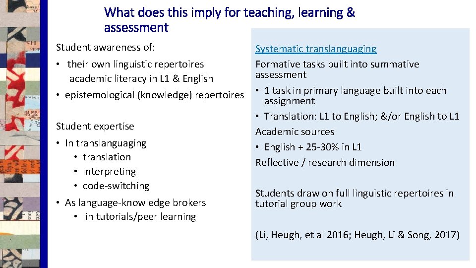 What does this imply for teaching, learning & assessment Student awareness of: • their
