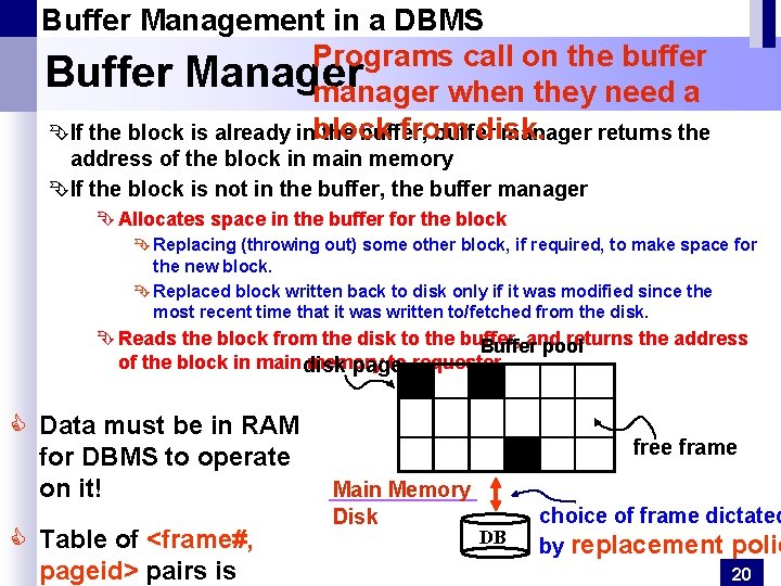 Buffer Management in a DBMS Programs call on the buffer Buffer Manager manager when