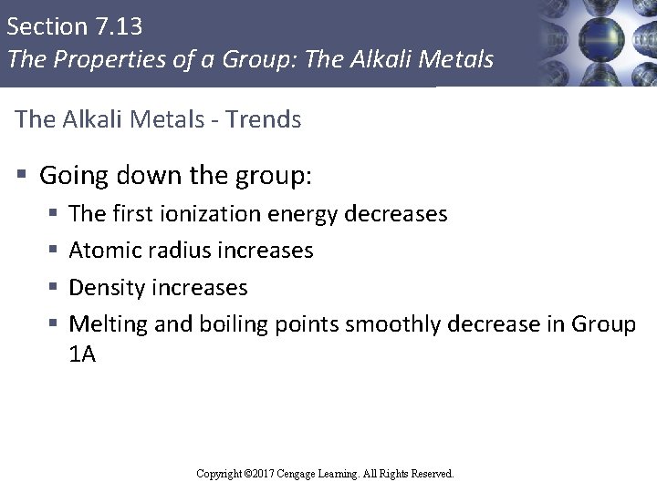 Section 7. 13 The Properties of a Group: The Alkali Metals - Trends §