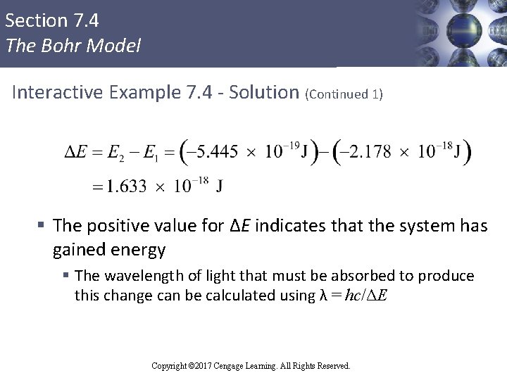 Section 7. 4 The Bohr Model Interactive Example 7. 4 - Solution (Continued 1)