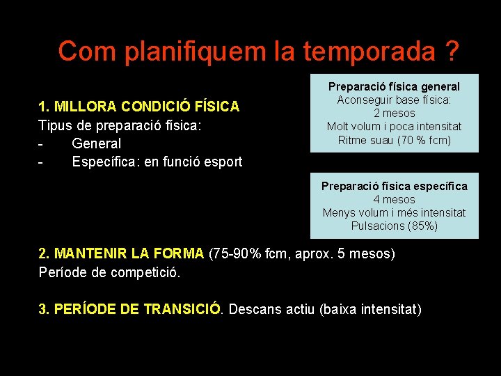 Com planifiquem la temporada ? 1. MILLORA CONDICIÓ FÍSICA Tipus de preparació física: General