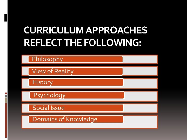 CURRICULUM APPROACHES REFLECT THE FOLLOWING: Philosophy View of Reality History Psychology Social Issue Domains