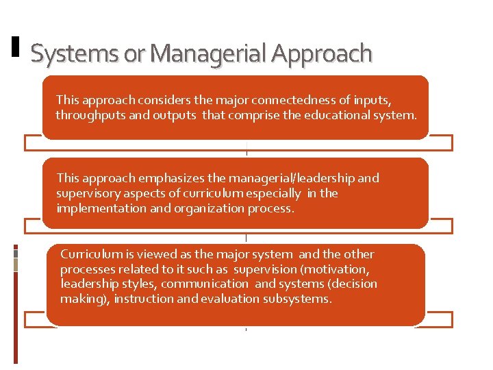 Systems or Managerial Approach This approach considers the major connectedness of inputs, throughputs and