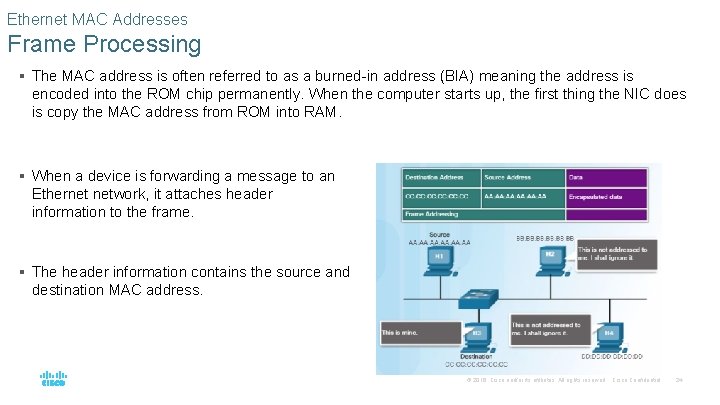 Ethernet MAC Addresses Frame Processing § The MAC address is often referred to as