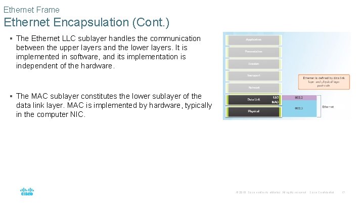 Ethernet Frame Ethernet Encapsulation (Cont. ) § The Ethernet LLC sublayer handles the communication