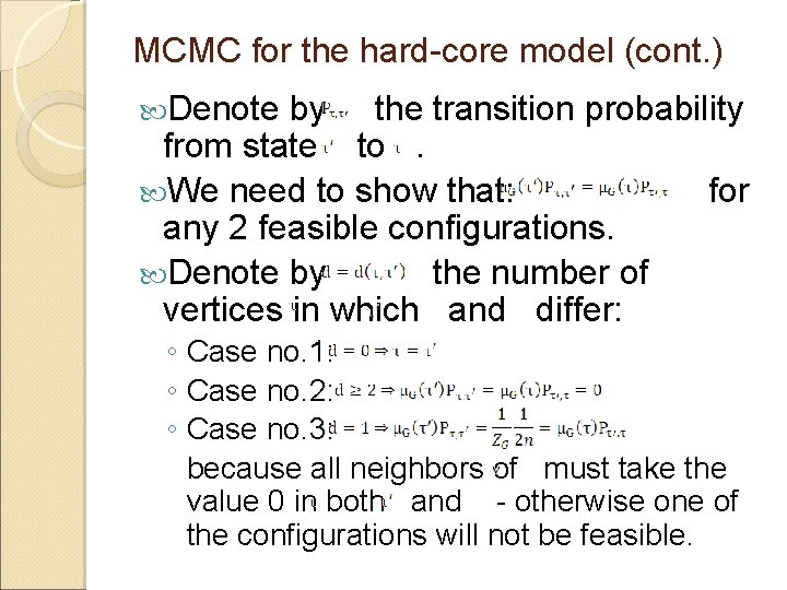 MCMC for the hard-core model (cont. ) Denote by the transition probability from state