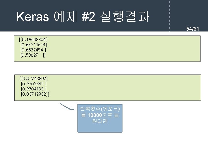 Keras 예제 #2 실행결과 54/61 [[0. 19608304] [0. 64313614] [0. 6822454 ] [0. 53627