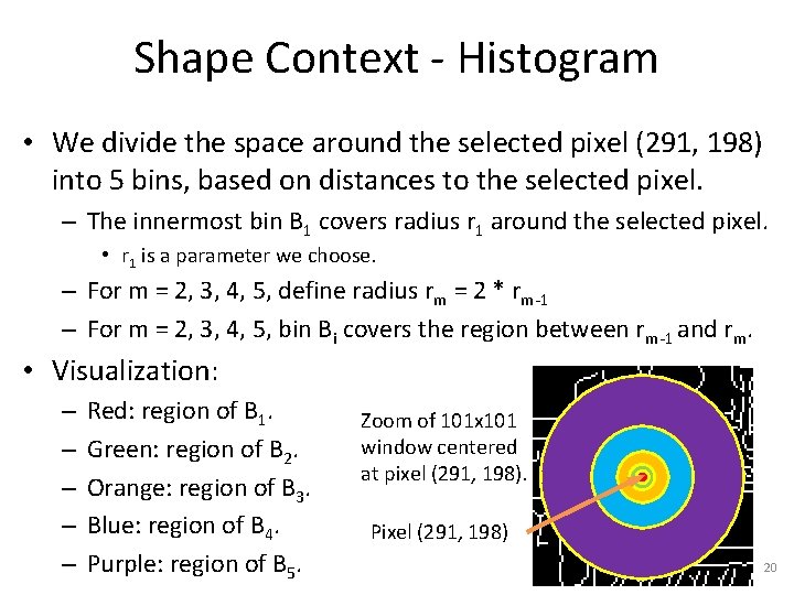 Shape Context - Histogram • We divide the space around the selected pixel (291,