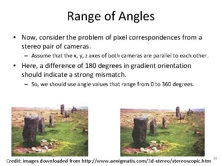 Range of Angles • Now, consider the problem of pixel correspondences from a stereo