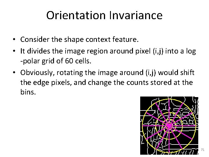 Orientation Invariance • Consider the shape context feature. • It divides the image region