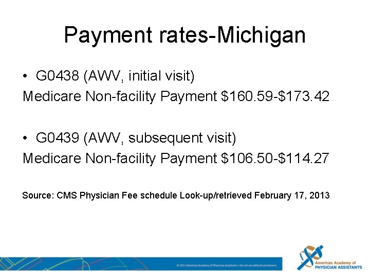 Payment rates-Michigan • G 0438 (AWV, initial visit) Medicare Non-facility Payment $160. 59 -$173.