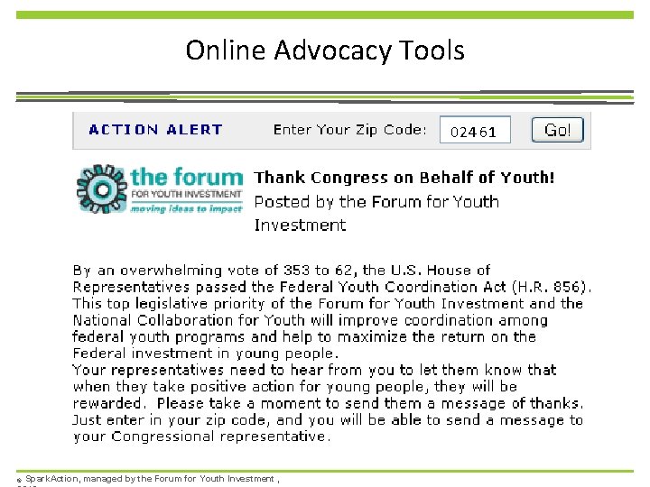 Online Advocacy Tools 024 61 © Spark. Action, managed by the Forum for Youth