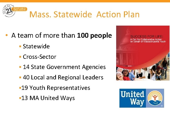 Mass. Statewide Action Plan • A team of more than 100 people § Statewide