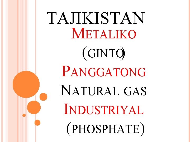 TAJIKISTAN METALIKO (GINTO) PANGGATONG NATURAL GAS INDUSTRIYAL (PHOSPHATE) 