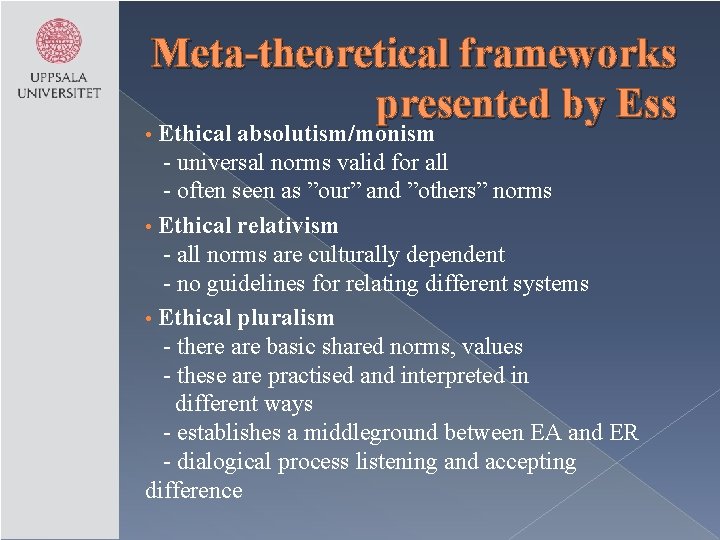 Meta-theoretical frameworks presented by Ess Ethical absolutism/monism - universal norms valid for all -